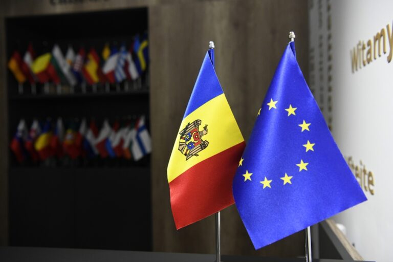 Small,Flags,Of,Republic,Of,Moldova,And,European,Union,On